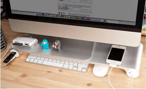 Aluminum Desktop Monitor Stand with USB Hub – Laptop & iMac Riser with 4-Port Charging, Non-Slip Space Saver Desk Organizer