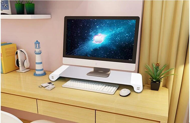 Aluminum Desktop Monitor Stand with USB Hub – Laptop & iMac Riser with 4-Port Charging, Non-Slip Space Saver Desk Organizer