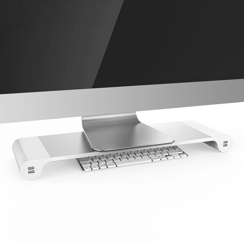 Aluminum Desktop Monitor Stand with USB Hub – Laptop & iMac Riser with 4-Port Charging, Non-Slip Space Saver Desk Organizer
