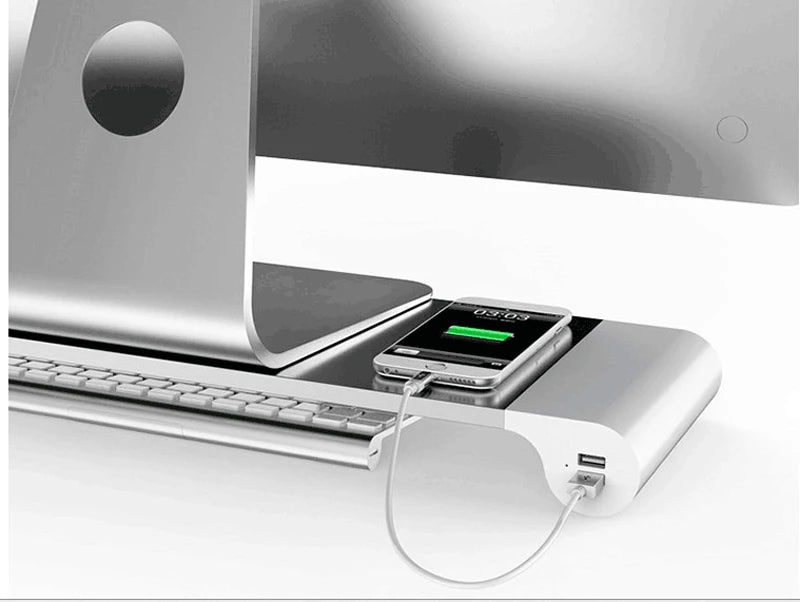 Aluminum Desktop Monitor Stand with USB Hub – Laptop & iMac Riser with 4-Port Charging, Non-Slip Space Saver Desk Organizer